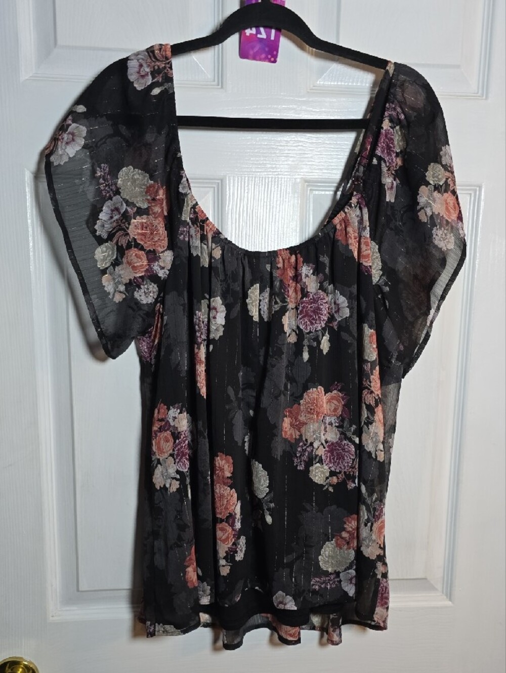 124 torrid 1 1X Black Floral Sheer Blouse with Pink and Orange Blooms - Picture 4 of 6